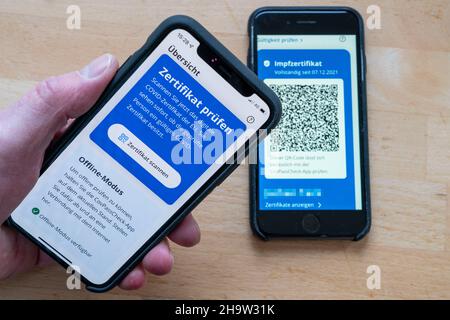 CovPassCheck App, zum Überprüfen des digitalen Impfzertifikats, auf einem Smartphone, Impfungen gegen Corona-Virus, Covid-19, Nachweis von Impfungen, D Stockfoto