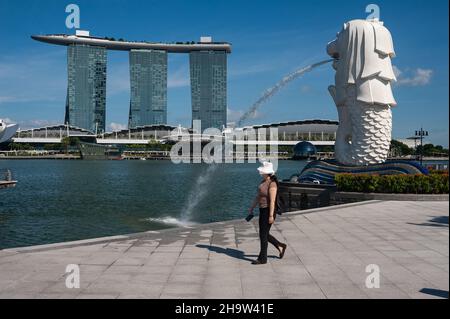 '23.09.2021, Singapore, , Singapur - Eine Frau mit Mundschutz geht mitten in der anhaltenden Krise in Corona durch den Merlion Park, vorbei am berühmten Fountai Stockfoto