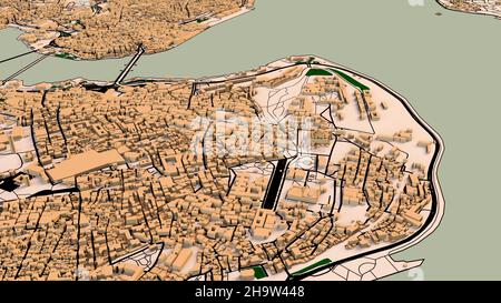 Satellitenansicht von Istanbul. Karten von Straßen und Gebäuden. 3D Rendern. Blick auf die Bosporus-Straße, Zentrum der Stadt. Türkei Stockfoto