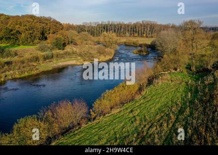 10.11.2021, Deutschland, Nordrhein-Westfalen, Datteln - Lippe, Fluss- und Auenentwicklung der Lippe bei Haus Vogelsang, hier eine naturnahe Stockfoto