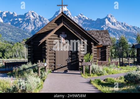 Kapelle der Transfiguration Episcopal im Grand Teton National Park, Wyoming Stockfoto