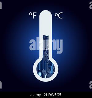 Thermometer mit elektronischer Schaltung. Blau und Verlaufshintergrund. Thermometer, das sowohl die celsius- als auch die fahrenheit-Skala anzeigt. Technologische Messgröße Stock Vektor