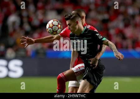 Lissabon, Portugal. 8th Dez 2021. Benjamin Verbic von Dynamo Kiew (L) steht mit Gilberto von SL Benfica während des UEFA Champions League-Fußballspiels der Gruppe E zwischen SL Benfica und Dynamo Kiew am 8. Dezember 2021 im Luz-Stadion in Lissabon, Portugal, auf. (Bild: © Pedro Fiuza/ZUMA Press Wire) Stockfoto