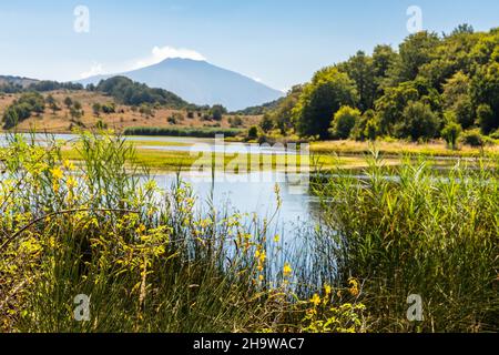 Blick auf den Biviere See mit Vulkan Ätna, Nationalpark Nebrodi, Sizilien, Italien Stockfoto