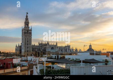 Blick auf den Sonnenuntergang von einem Dach mit Blick auf Sevilla, Spanien, mit dem Giralda-Turm und der großen Kathedrale von Sevilla in Blick auf die Skyline am frühen Abend Stockfoto