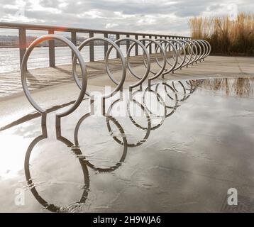 Racks für Fahrräder in Perspektive. Kreisförmige öffentliche Fahrradständer in einem Park mit Reflexion im Wasser nach Regen. Straßenansicht, abstraktes Foto, Stockfoto