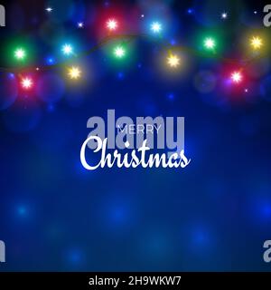 Frohe Weihnachten und frohe Festtage Grußkarte. Farbenfrohe Weihnachtslichter. Leuchtet auf blauem Hintergrund. Leuchtende weihnachtsgirlande. Vektor Stock Vektor