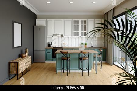3D Rendern. Helles Küchendesign. Stockfoto