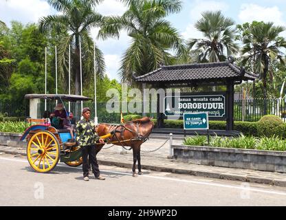 Ein traditionelles Pferd oder ein Delman außerhalb des Borobudur-Tempels in Magelang, Zentral-Java, Indonesien. Stockfoto