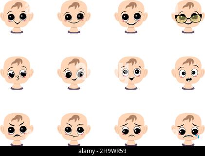 Set von Baby-Avatar mit großen Augen und breiten Lächeln und verschiedenen Emotionen. Kopf des Kleinkindes, niedliches Kind mit freudigem, traurigem oder wütendes Gesicht Stock Vektor