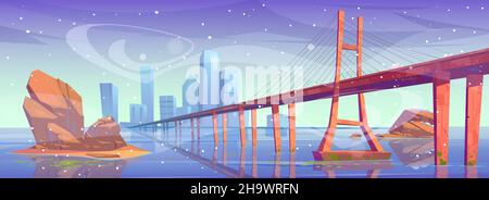 Winterliche Skyline der Stadt mit Brücke über die gefrorene Wasserbucht unter fallendem Schnee und Wind. Moderne Metropole Stadtbild mit Wolkenkratzer Gebäude Architektur, Glastürme am Meer, Cartoon-Vektor-Illustration Stock Vektor