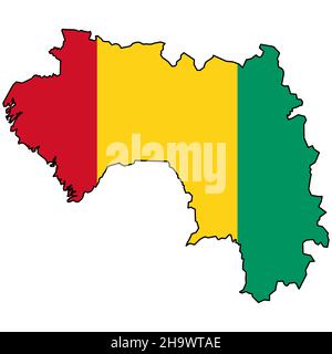 Flaggenkarte von Guinea auf weißem Hintergrund. Karte von Guinea mit offiziellem Flaggenschild. Flacher Stil. Stockfoto