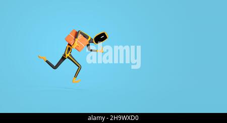 3D Cartoon-Weltraummann läuft mit Daumen nach oben und einer Paketzustellung in der Hand. Schnelles Versandkonzept. 3D Rendern. Stockfoto