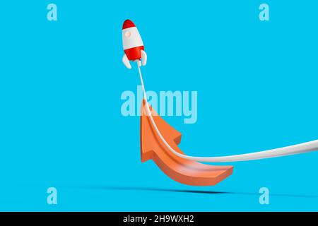 Cartoon 3D Raketenaufschwung von einem roten Ertrinken. Business-Turnaround-Konzept. 3D Rendern. Stockfoto