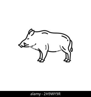 Wildes Schwein oder Schwein, isoliertes Umrisssymbol für deutsche Wildschweinsäuger. Vektor African razorback Schwein mit gebogenen Stoßzähnen, voller Länge Porträt. Warthog Wildschwein Tier Stock Vektor