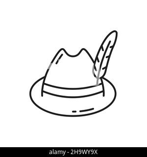 Retro-Hut mit Federn isoliert Oktoberfest Mütze dünne Linie Symbol. Vector Retro Kopfbedeckung, Kopfzubehör. Oktoberfest Alpine Mütze, traditionelles Attribut Stock Vektor