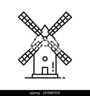 Deutsches Wahrzeichen Retro Windmühle isoliert Umriss Ikone. Vector ländliche Landschaft traditionelle holländische Steinmühle, Niederländische hölzerne Windmühle, Holland zu bauen Stock Vektor