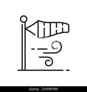 Starkes Lüftchen markiert isolierte Umrisssymbole. Vector Windsack, windgeschwindigkeit aufgebläht gestreiften Windsack auf Flughafen-Start-und Landebahn. Windsocke, windiger Wettermeteorol Stock Vektor