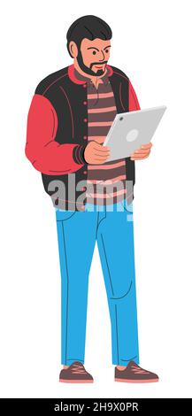 Bärtige Modische Mann Hält Tablet-Computer. Stock Vektor