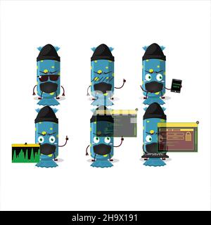 Halloween Ausdruck Emoticons mit Cartoon-Charakter von blauen langen Süßigkeiten-Paket. Vektorgrafik Stock Vektor