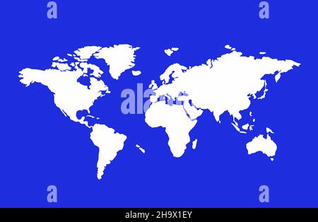 Weltkarte weiß isoliert auf blauem Hintergrund. Die Weltkarte. Stockfoto