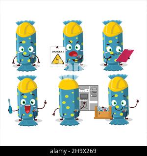 Professionelle Lineman blau lange Süßigkeiten Paket Cartoon-Figur mit Werkzeugen. Vektorgrafik Stock Vektor