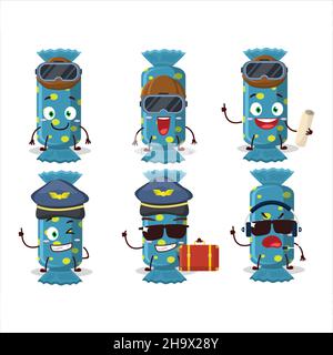 Pilot Cartoon Maskottchen blau lange Süßigkeiten-Paket mit Gläsern. Vektorgrafik Stock Vektor