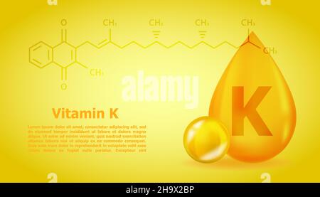 Realistischer K-Phyllochinon-Vitamintropfen mit struktureller chemischer Formel. 3D Vitamin Molecule K-Phyllochinon-Design. Kapsel abtropfen lassen. Stock Vektor