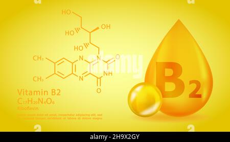 Realistischer B2 Riboflavin Vitamintropfen mit strukturchemischer Formel. 3D Vitamin Molecule B2 Riboflavin Design. Kapsel abtropfen lassen. Stock Vektor