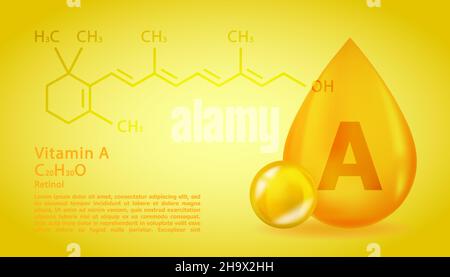 Realistischer Retinol-Vitamintropfen mit struktureller chemischer Formel. 3D Vitamin-Molekül Ein Retinol-Design. Kapsel abtropfen lassen. Stock Vektor