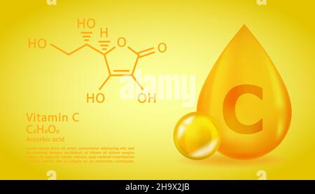 Realistischer C-Ascorbinsäure-Vitamintropfen mit struktureller chemischer Formel. 3D Vitamin-Molekül-C-Ascorbinsäure-Design. Kapsel abtropfen lassen. Stock Vektor