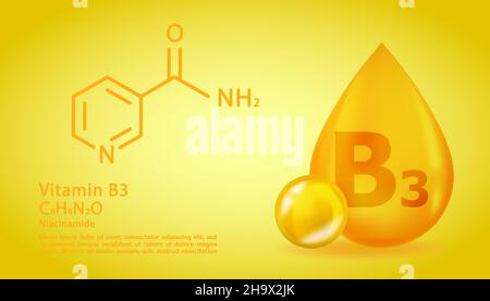 Realistischer B3 Nicotinamid-Vitamintropfen mit struktureller chemischer Formel. 3D Vitamin-Molekül B3 Nicotinamid-Design. Kapsel abtropfen lassen. Stock Vektor