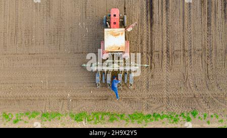 Über Draufsicht, Schuss der Arbeiter ist zu überprüfen oder einzustellen Saatbohrung, landwirtschaftliche Maschine, Ackerfeld, Pflanzen neue Getreideernte, Mais, Mais. Stockfoto