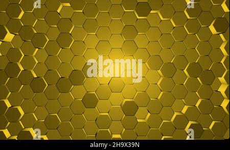 Abstrakt gelbe Sechsecke Hintergrund. Goldene Wabenwabe in 3D Grid Tech-Struktur. Surreale und technologische Oberfläche. Hochwertige Illustration Stockfoto