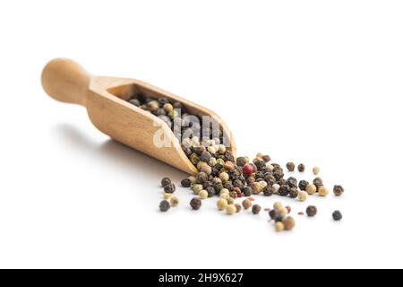 Ganzer Pfeffer in Holzlöffel isoliert auf weißem Hintergrund. Stockfoto