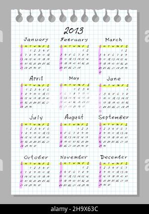 Kalender für 2013. Woche beginnt mit Sonntag. Schrift in Handarbeit. Vektorgrafik. Stock Vektor