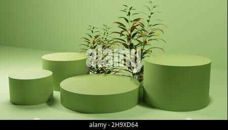 Grünes Produktdisplay Podium mit Blättern, 3D gerendertes Premium-Bild Stockfoto