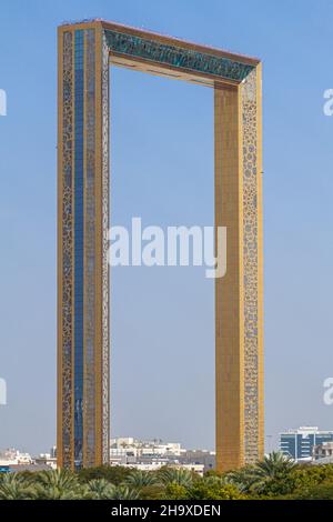 DUBAI, VAE - 18. JANUAR 2018: Blick auf den Dubai Frame in Dubai, VAE Stockfoto