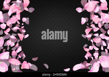 Natur horizontaler Hintergrund.Rosa fallende Sakura Blütenblätter und Blumen. Stock Vektor
