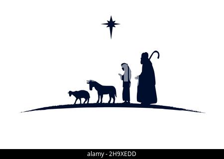 Hirten und Tiere schwarze Silhouette Krippe. Frohe Weihnachten christliche Grußkarte. Stern von Bethlehem, Hirtenmänner, Esel und Schafvektor Stock Vektor