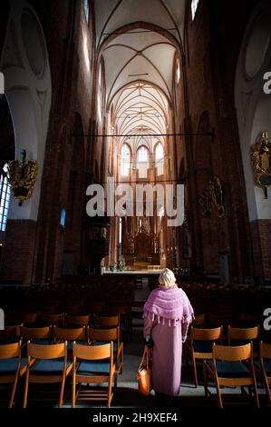 Die St. Peter Kirche ist eine lutherische Kirche in Riga, der Hauptstadt Lettlands, die dem Heiligen Petrus geweiht ist. Netzbogen des Hauptschiffes und Kreuzbogen des Seitenschiffs Stockfoto