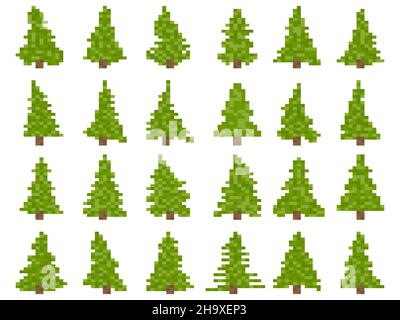 Pixelsatz von Weihnachtsbaum-Symbolen auf weißem Hintergrund isoliert. Pixel Art Weihnachtsbaum. Retro 8-Bit-Videospiel. Design für den Druck, Geschenkpapier Stock Vektor