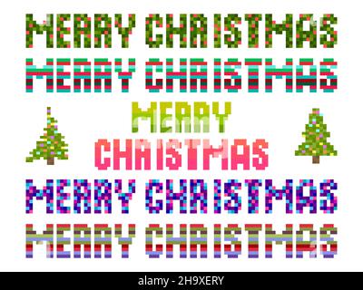 Frohe Weihnachten, Pixelkunst. Pixelierter Text im Stil von 8-Bit-Retro-Spielen aus den Jahren 80s und 90s. Design für Grußkarte, Banner und Einladung. Ve Stock Vektor