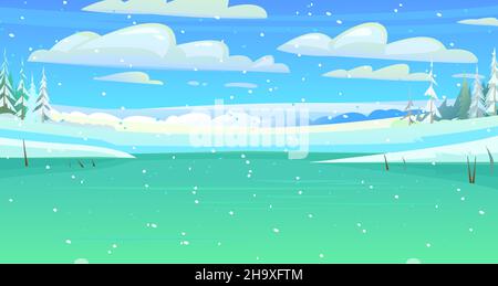 Schnee fällt leise. Gefrorener und eisbedeckter Teich. Winter ländliche Landschaft mit kaltem weißen Schnee und Drifts. Schöne frostige Aussicht auf die Landschaft hil Stock Vektor