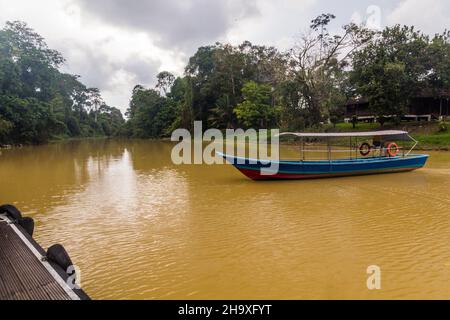 Fähre über den Singai Niah Fluss im Niah Nationalpark, Malaysia Stockfoto