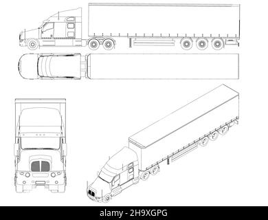 Set mit Konturen von Lastwagen mit Wagen aus schwarzen Linien isoliert auf weißem Hintergrund. Vorderseite, Seite, oben, isometrische Ansicht. Vektorgrafik. Stock Vektor