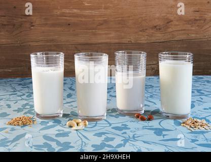 Verschiedene Arten von veganer Milch: Getreidemmilch, Cashewmilch, Mandelmilch und Hafermilch Stockfoto