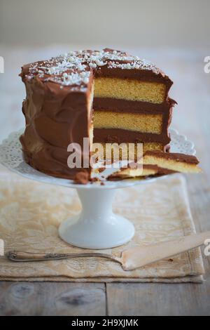 Eine dreischichtige Schokoladencreme, in Scheiben geschnitten Stockfoto