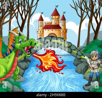Drache und Ritter im Schloss Wald Szene Illustration Stock Vektor