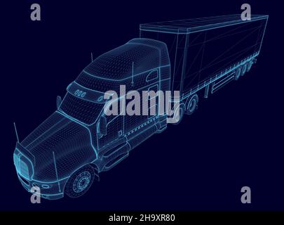 Drahtmodell eines LKW mit einem Wagen aus blauen Linien isoliert auf einem dunklen Hintergrund. Perspektivische Ansicht. 3D. Vektorgrafik. Stock Vektor